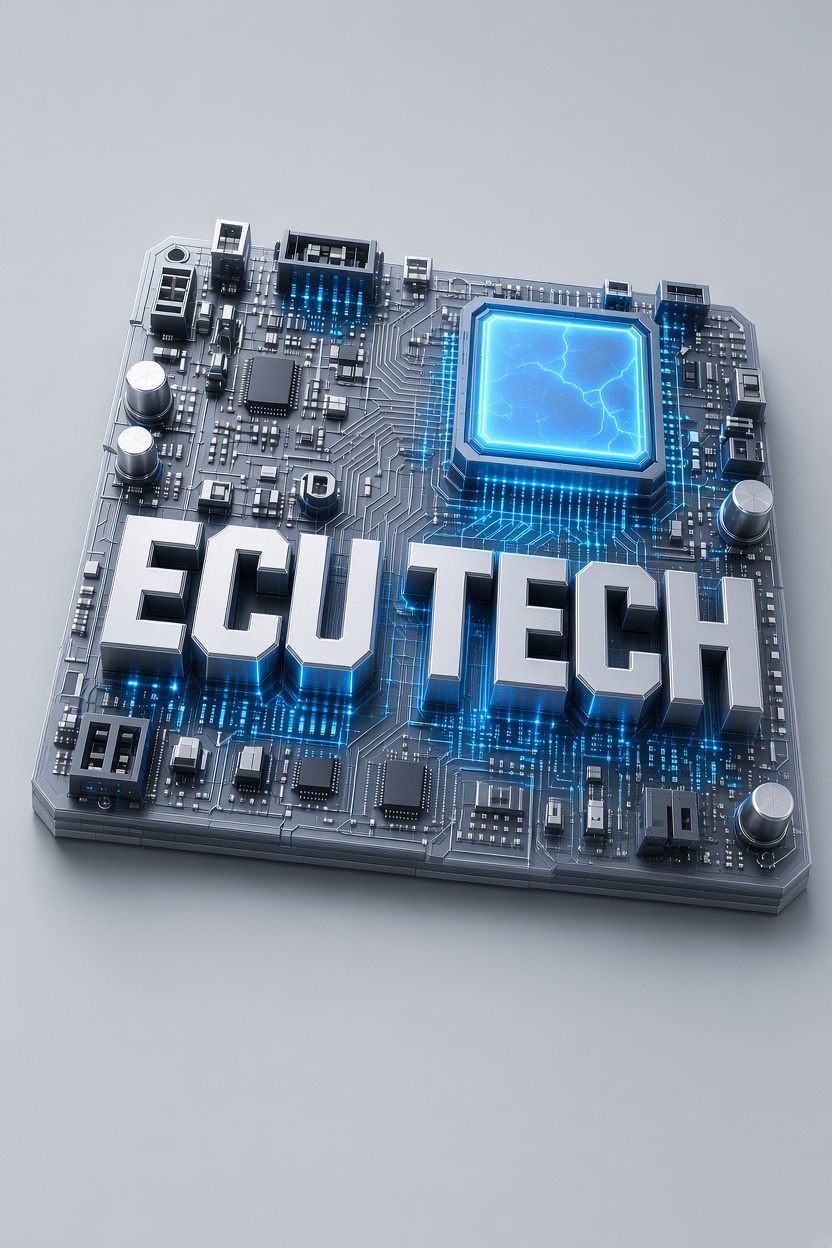 ECU Tech logo rendered on an electronic circuit board